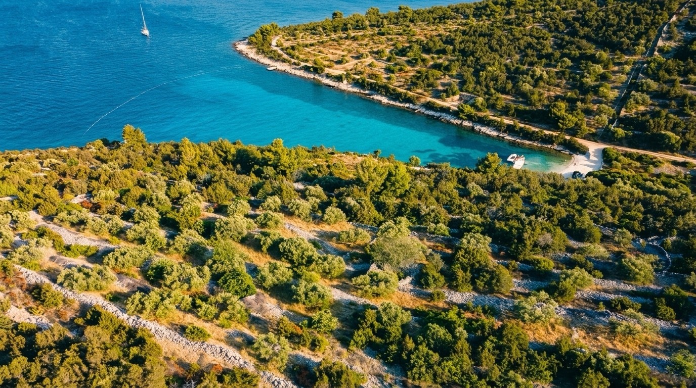 Oblique aerial view across stone terraces towards the bay