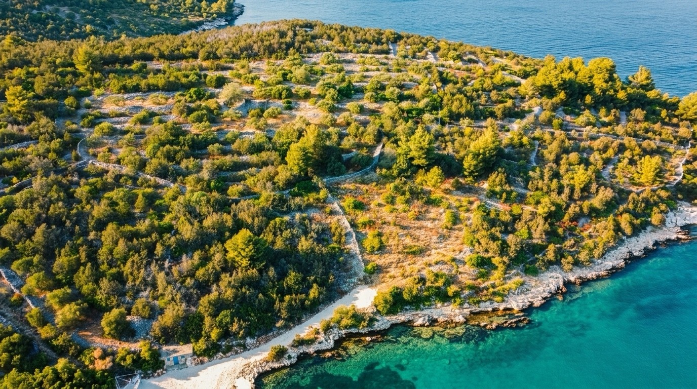 Stone terraces and trees above turquoise coastal water